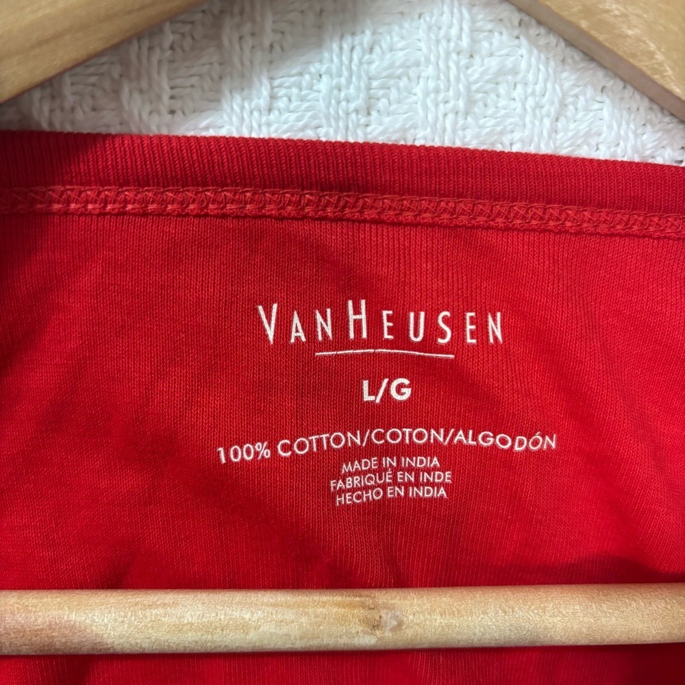 Van Heusen Henley Top Womens L Red Crochet Lace Bib 3/4 Sleeve Cotton Casual - Picture 4 of 7